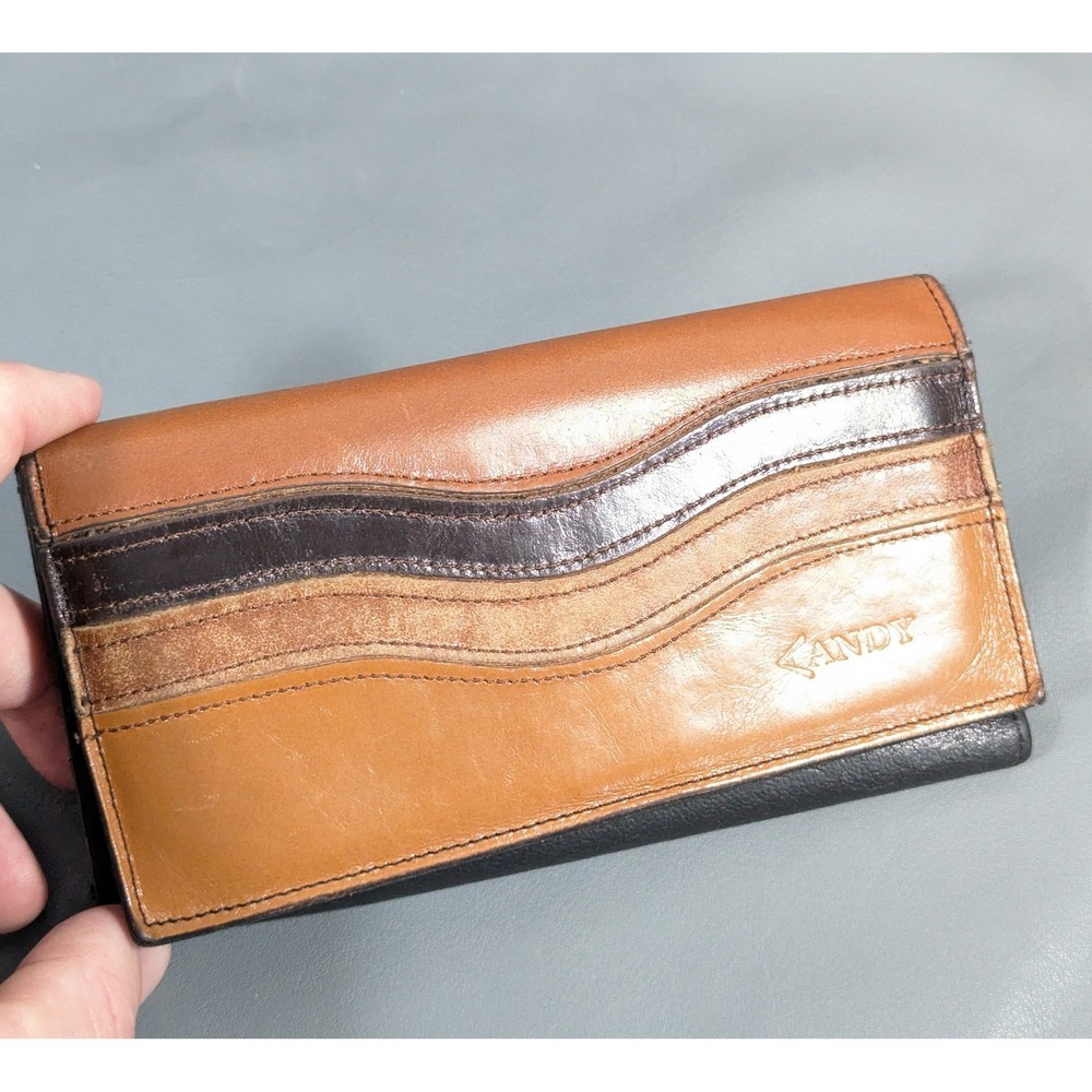 Kandy Vintage Leather Tri-Fold Wallet Brown Black Patchwork Multi-Tone Stripe